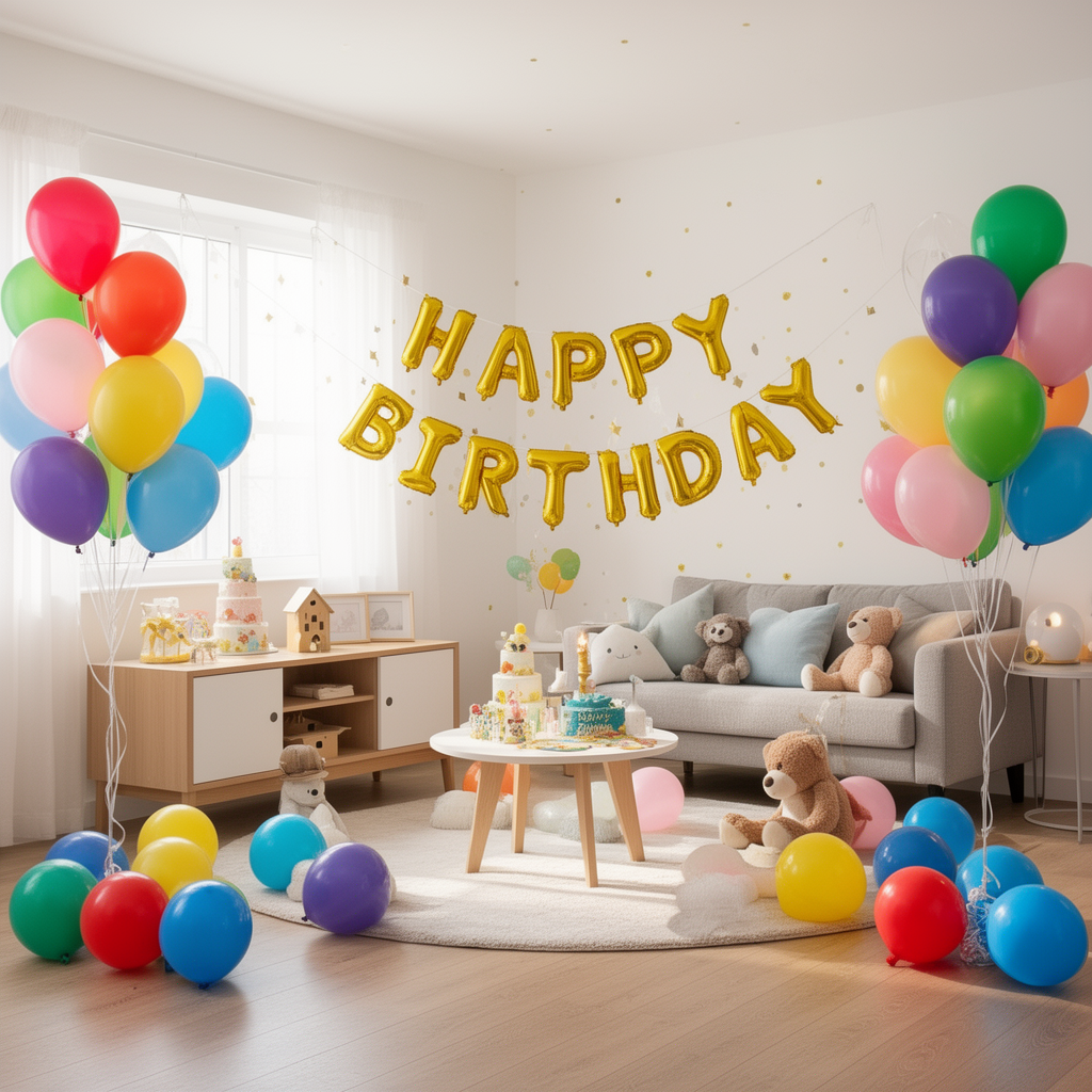 A bright, editorial-style lifestyle photograph of a festive kids' birthday party setup in a sunlit modern living room with balloons and a Happy Birthday banner.