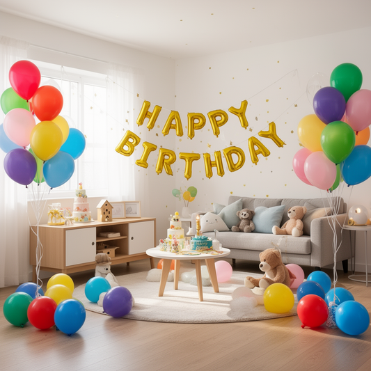 A bright, editorial-style lifestyle photograph of a festive kids' birthday party setup in a sunlit modern living room with balloons and a Happy Birthday banner.